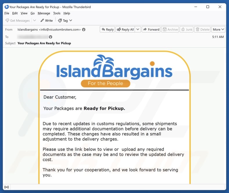 Island Bargains Packages Ready For Pickup email spam campaign