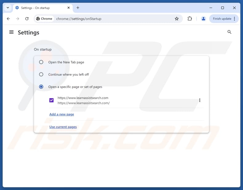 Removing learnassistsearch.com from Google Chrome homepage