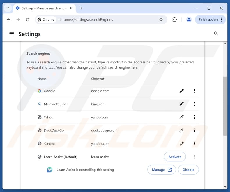 Removing learnassistsearch.com from Google Chrome default search engine