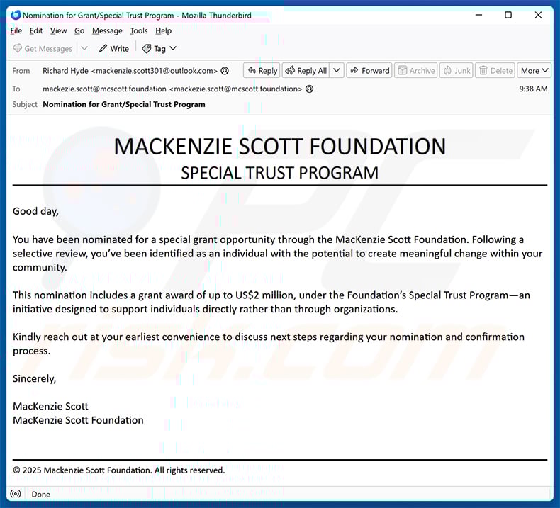 Mackenzie Scott Foundation email scam (2025-11-14)