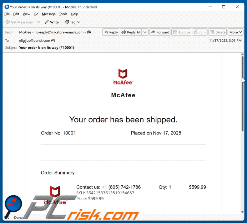 McAfee - Your Order Has Been Shipped scam email appearance (GIF)