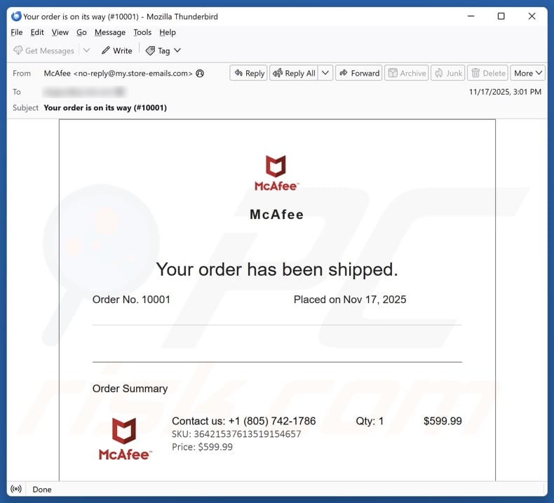 McAfee - Your Order Has Been Shipped email spam campaign