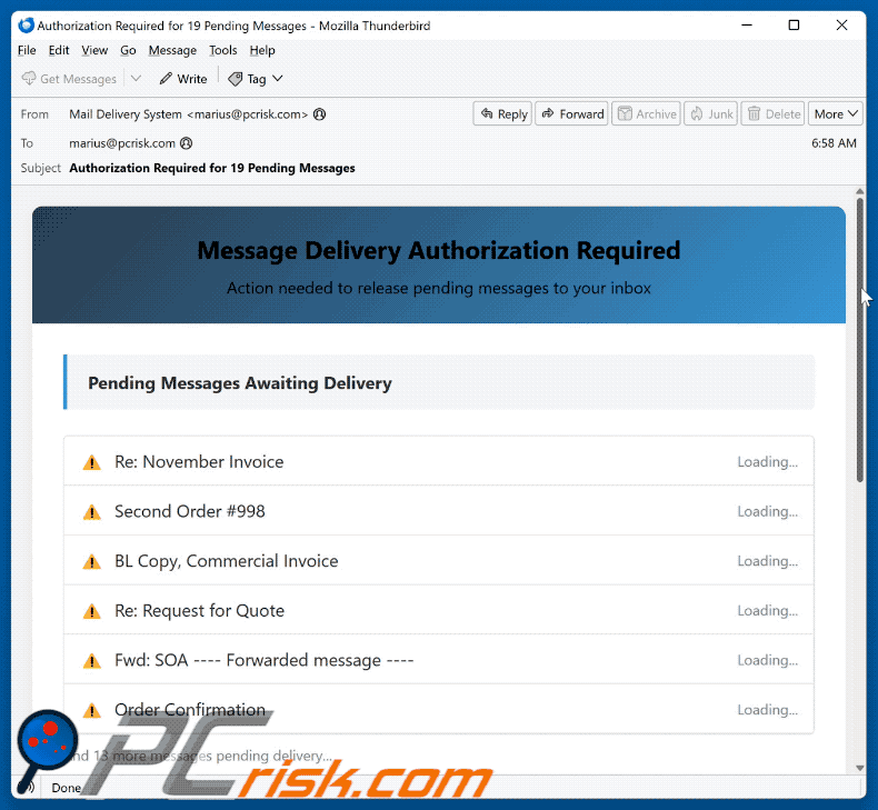 Message Delivery Authorization Required scam email promoted phishing site
