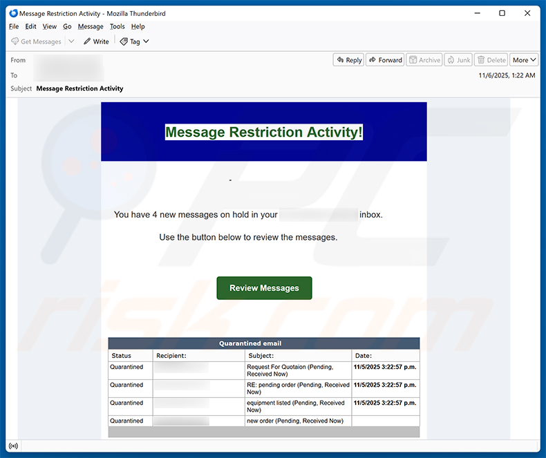 Message Restriction Activity email scam (2025-11-07)