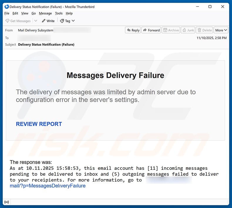 Messages Delivery Failure email scam (2025-11-11)