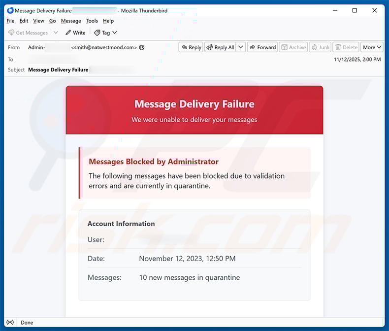 Messages Delivery Failure email scam (2025-11-19)