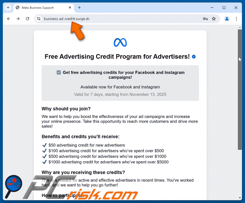 Appearance of Meta - Free Advertising Credit Program scam