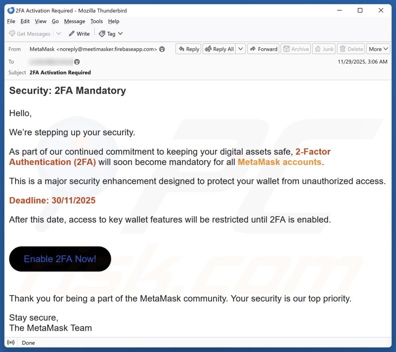MetaMask 2FA Activation email spam campaign