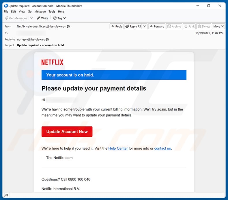 Netflix - Update Your Payment Details email scam (2025-11-04)