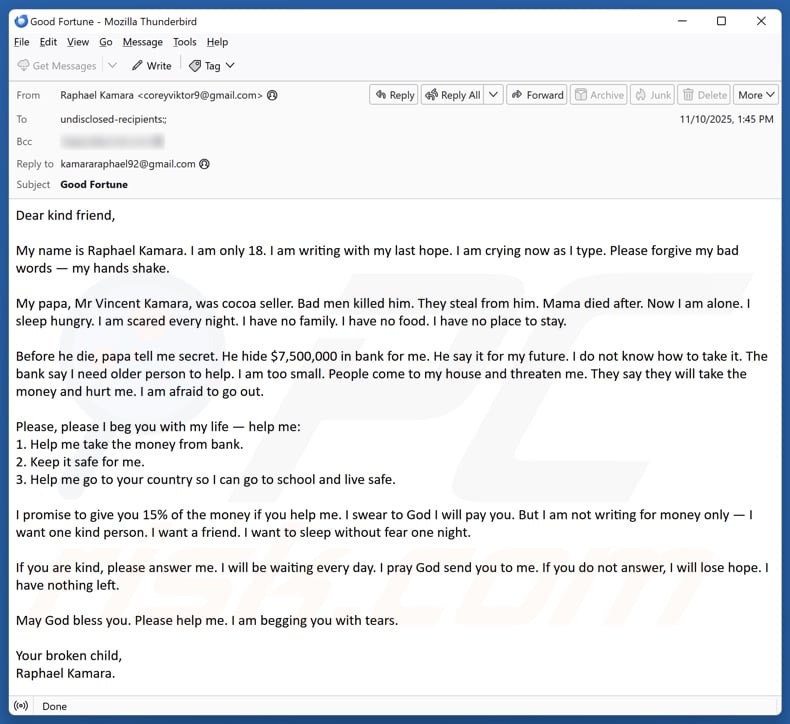 Older Person To Retrieve Money From The Bank email spam campaign
