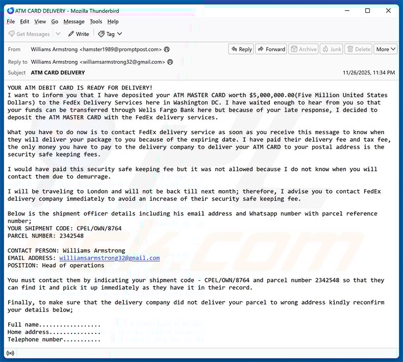 Parcels Containing ATM Cards Email Scam (2025-11-27)