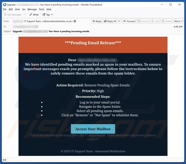 Pending Email Release email spam campaign