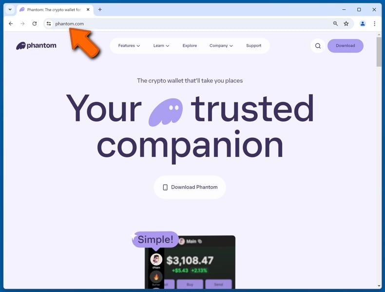 Appearance of the real Phantom website (phantom.com)