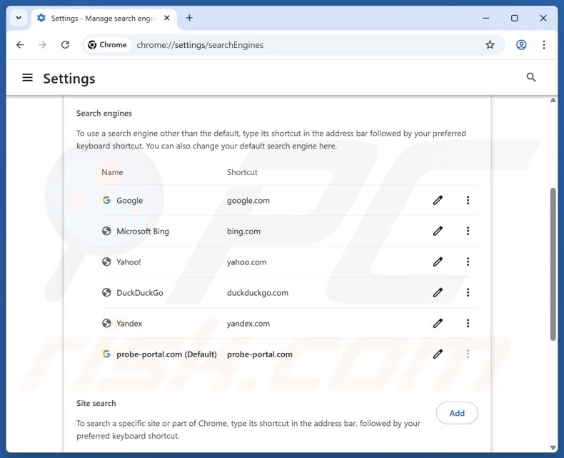 Removing probe-portal.com from Google Chrome default search engine