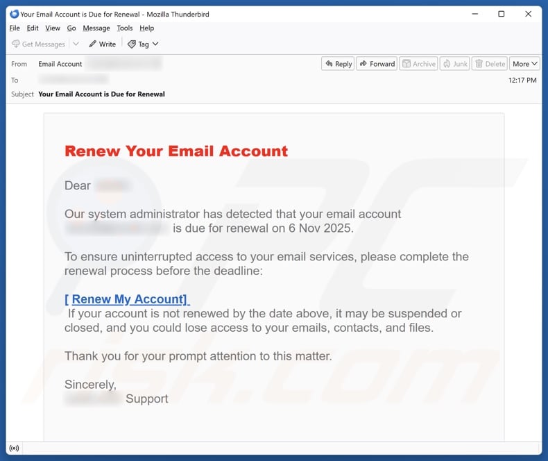 Renew Your Email Account email spam campaign