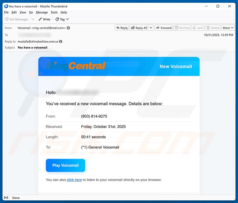 RingCentral voicemail email scam (2025-11-04)