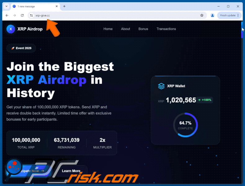 Appearance of the fake Ripple (XRP) Airdrop website (GIF)
