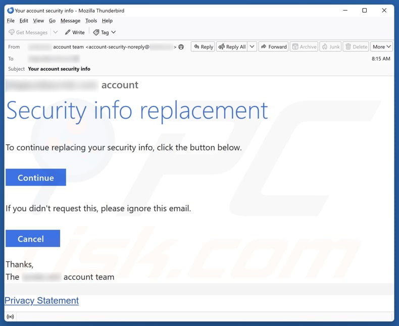 Security Info Replacement email spam campaign