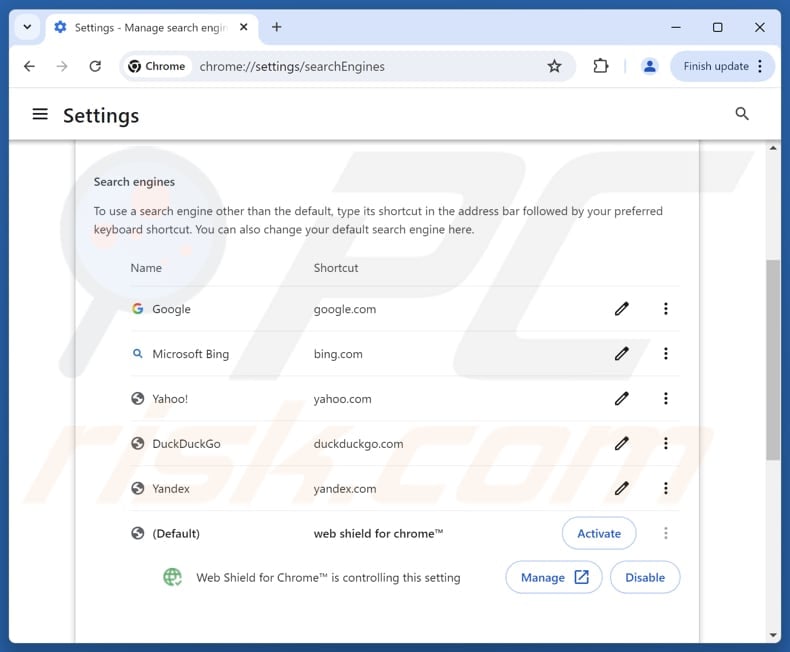 Removing service.webshieldhub.com from Google Chrome default search engine