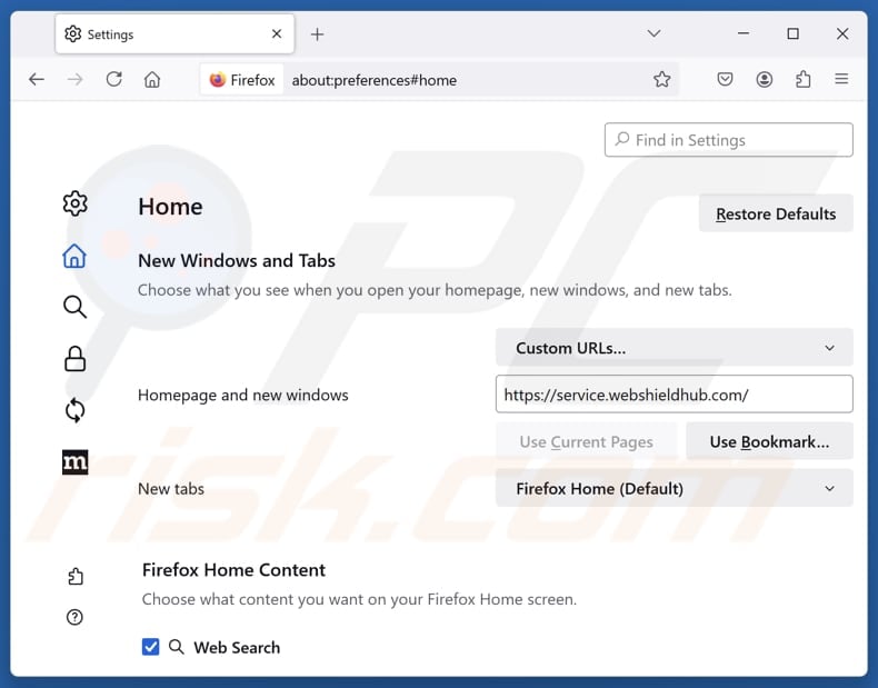 Removing service.webshieldhub.com from Mozilla Firefox homepage