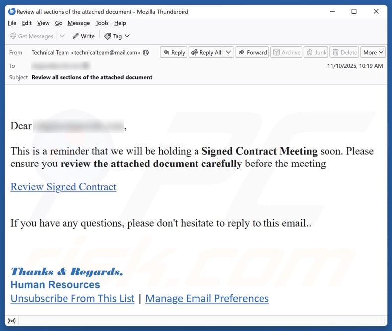Signed Contract Meeting email spam campaign