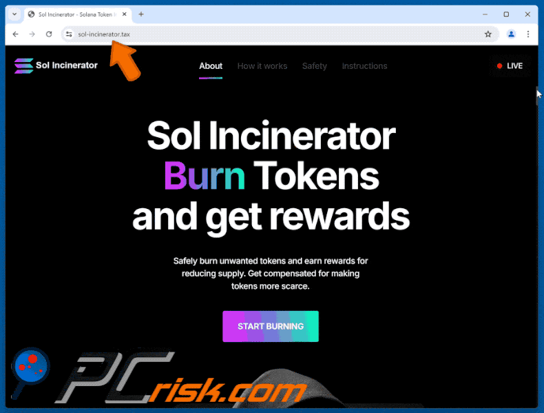 Appearance of Sol Incinerator Token Burn scam