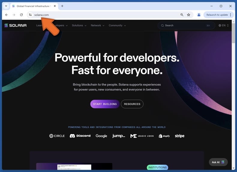 Appearance of the real Solana website (solana.com)