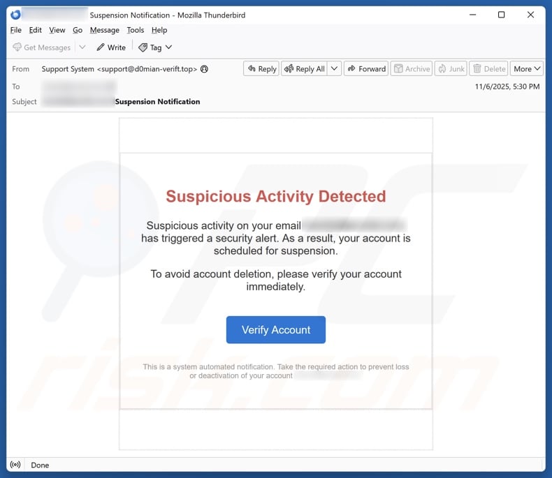 Suspicious Activity Detected scam email alternative version