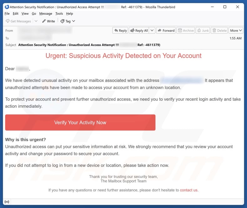Suspicious Activity Detected email spam campaign