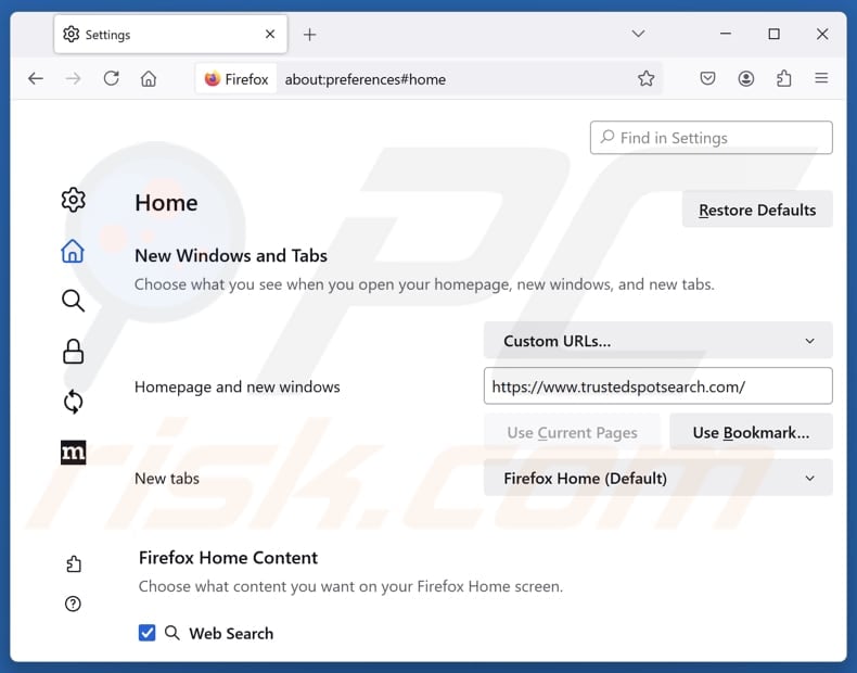Removing trustedspotsearch.com from Mozilla Firefox homepage