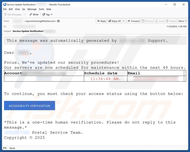 Email Account Failure Notice email spam campaign