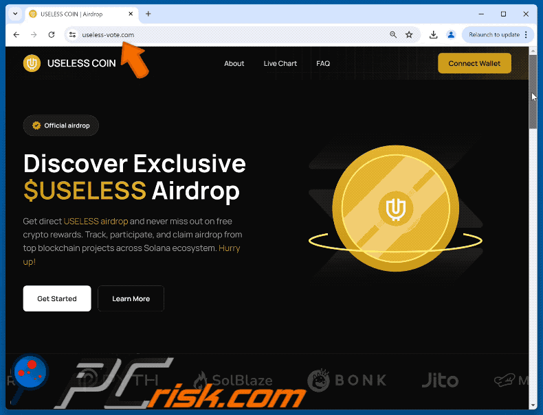 Appearance of the fake Useless Coin Airdrop website (GIF)