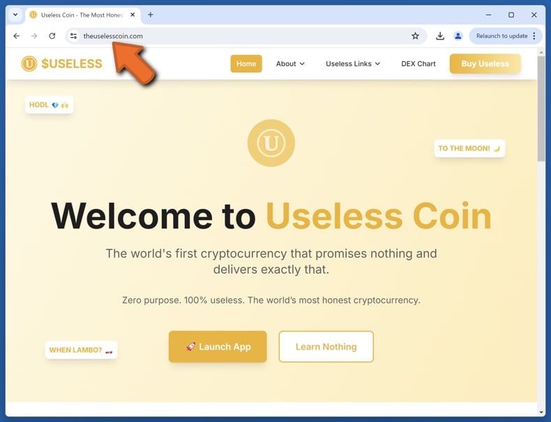 Appearance of the real Useless Coin website (theuselesscoin.com)