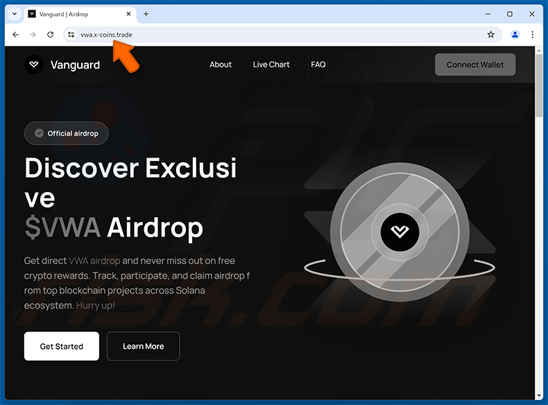 Vanguard $VWA airdrop drainer website (vwa.x-coins[.]trade)