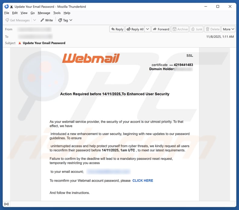 Email Account Failure Notice email spam campaign