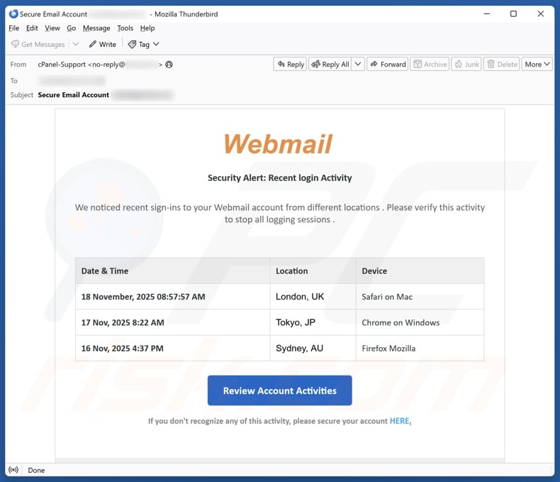 Webmail Login Activity email spam campaign