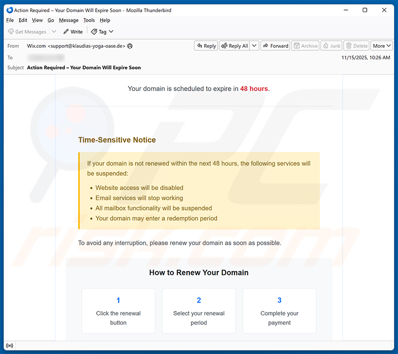 Wix - Domain Expiration email scam (2025-11-18)