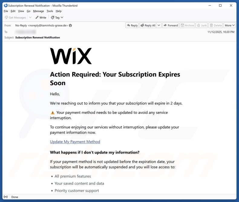 Wix Subscription Expiration email spam campaign