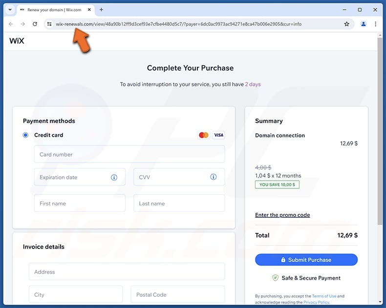 Wix Subscription Expiration scam email promoted phishing site