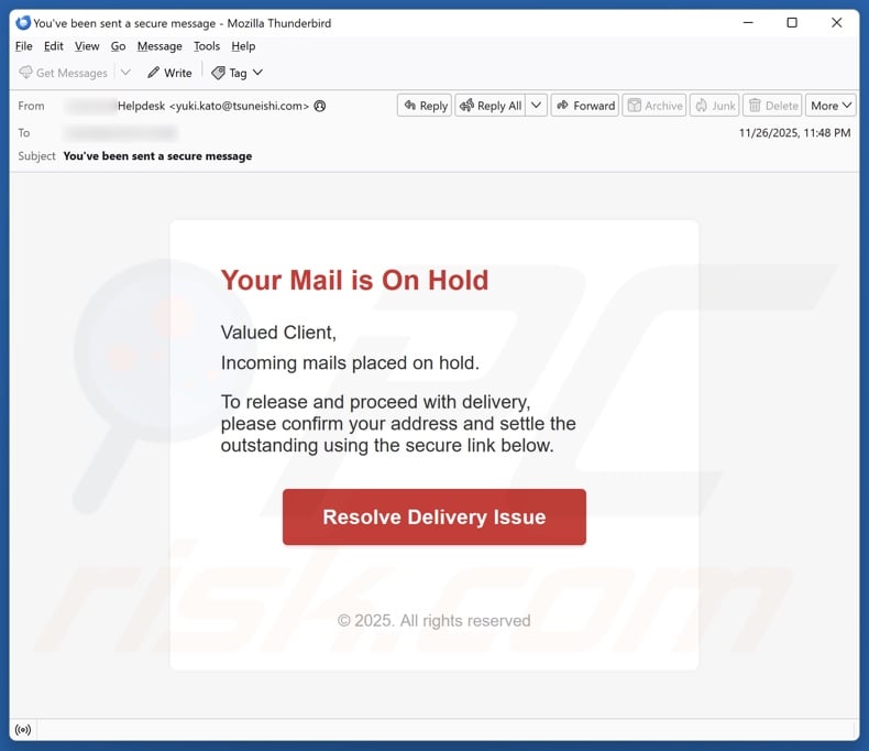 Your Mail Is On Hold email spam campaign