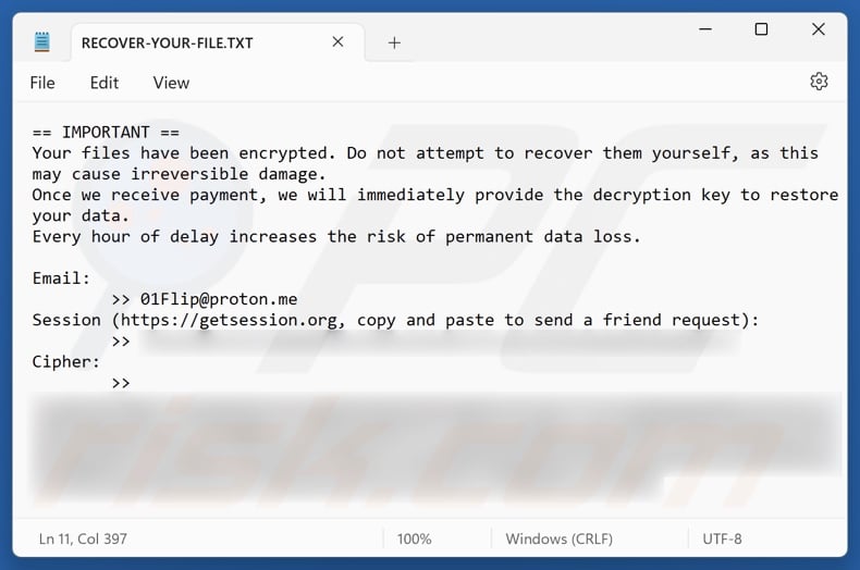 01Flip ransomware ransom note (RECOVER-YOUR-FILE.TXT)