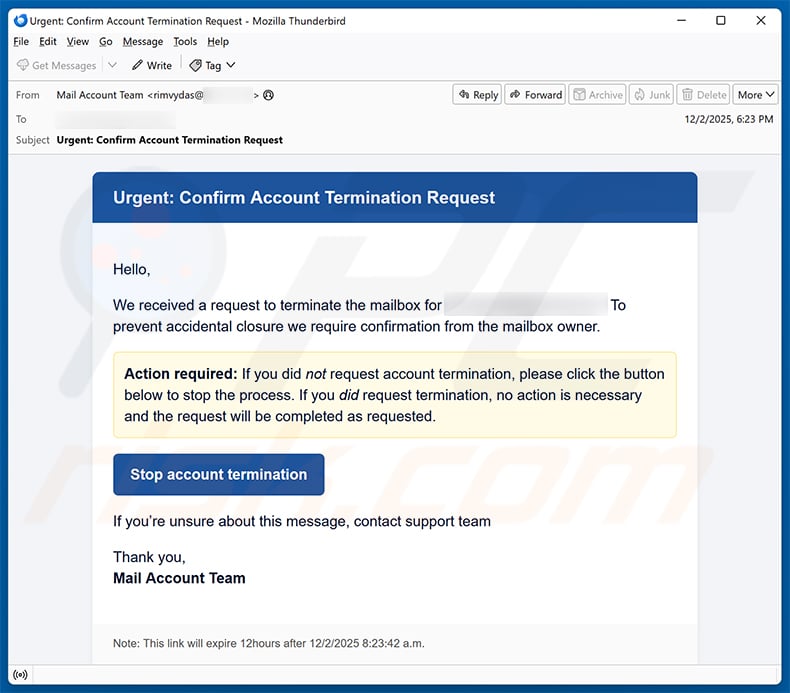 Account Termination Request email scam (2025-12-03)