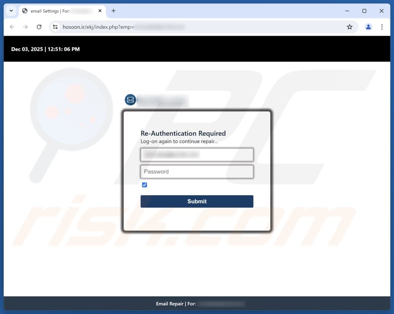 Authenticate Your Email Address Scam phishing page