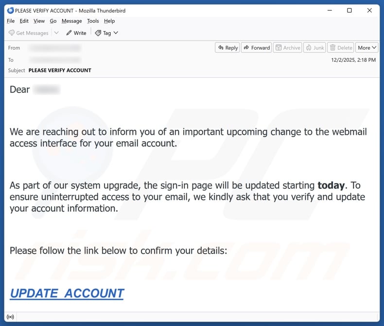 Change To The Webmail Access Interface email spam campaign