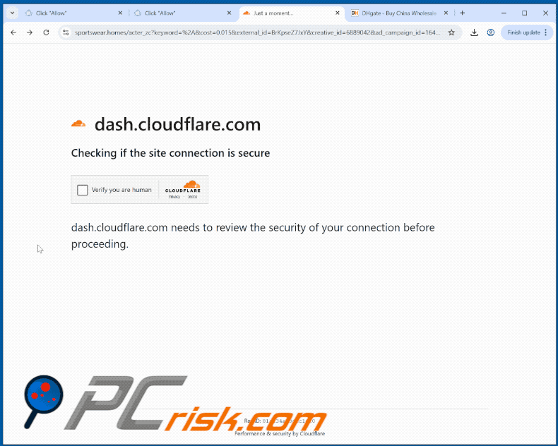 Appearance of Cloudflare Checking If The Site Connection Is Secure scam (GIF)