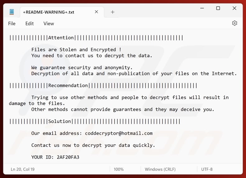 Cod ransomware ransom note (+README-WARNING+.txt)