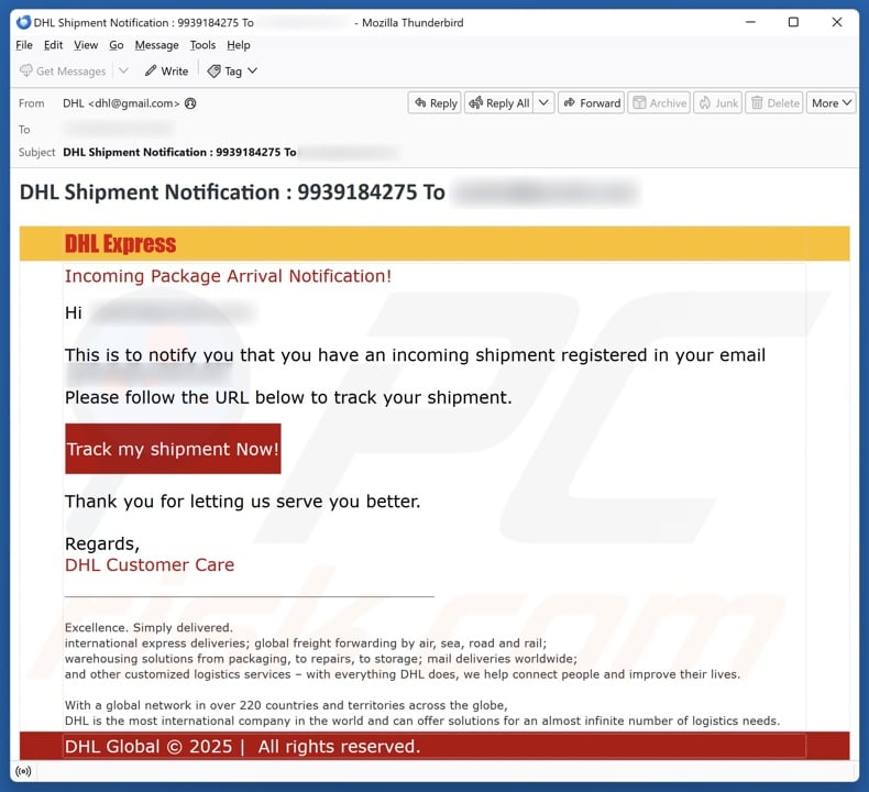 DHL Express - Incoming Package Arrival Notification email spam campaign