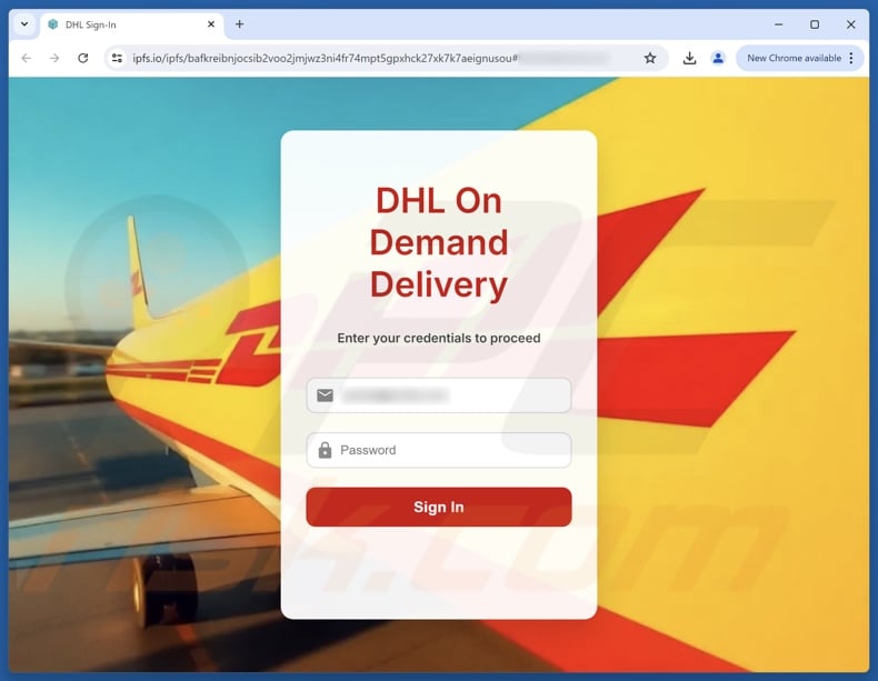 DHL Express - Incoming Package Arrival Notification scam email promoted phishing site