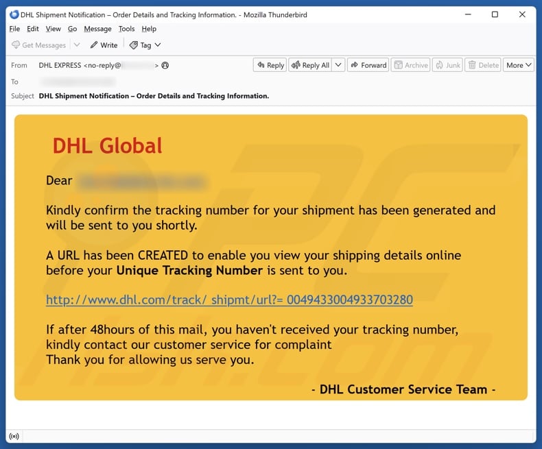 DHL Global - Shipment Tracking Number email spam campaign