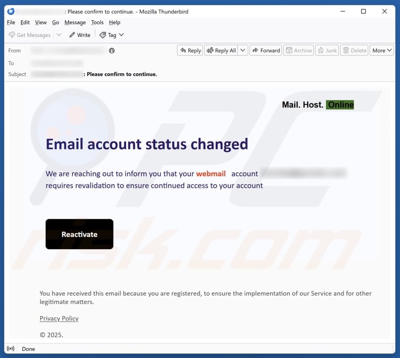 Email Account Failure Notice email spam campaign
